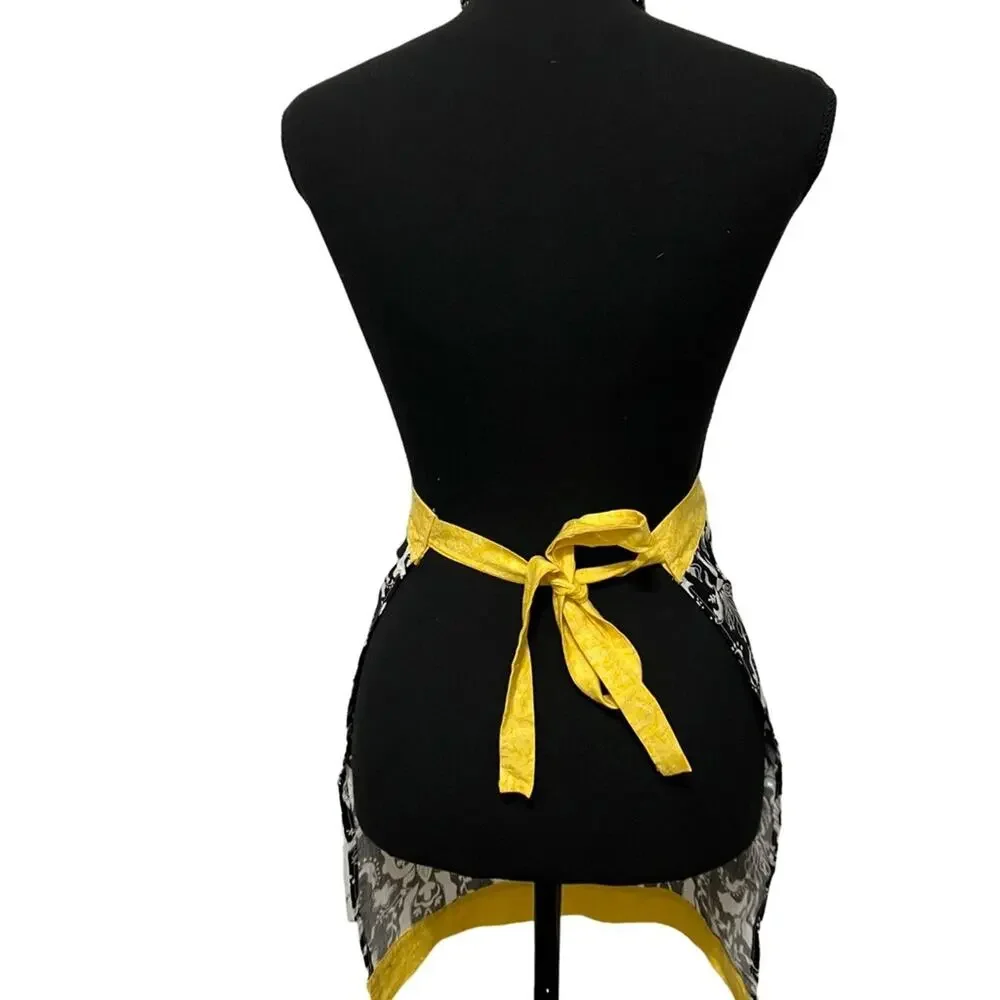 Hand Crafted Black, and White Floral Apron with Yellow Accents OSFM